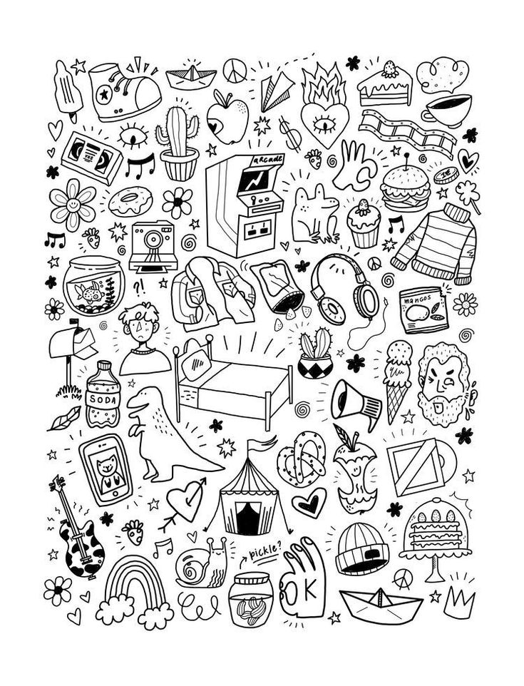 a black and white drawing of many different things