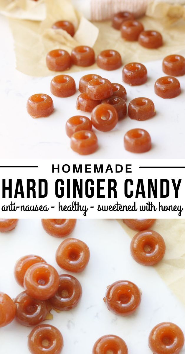 homemade hard ginger candy with honey on top and in the background, there are small candies scattered around