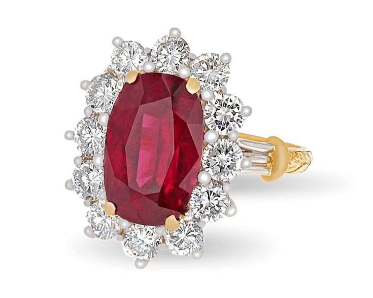 The cushion-cut ruby in this classic ring boasts 5.82 carats and a stunning crimson hue. The gemstone dazzles in its classic 18K yellow gold with a halo of white diamonds totaling approximately 2.50 carats. Download the Certification Unique Ring Designs, Necklaces Diamond, Designer Rings, Cushion Cut Ring, Jewelry For Sale, Cushion Ring, Ruby Jewelry, Classic Ring, Ruby Ring