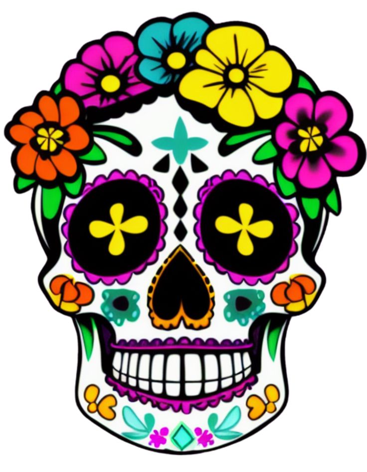 a colorful skull with flowers on it's head and the words day of the dead written