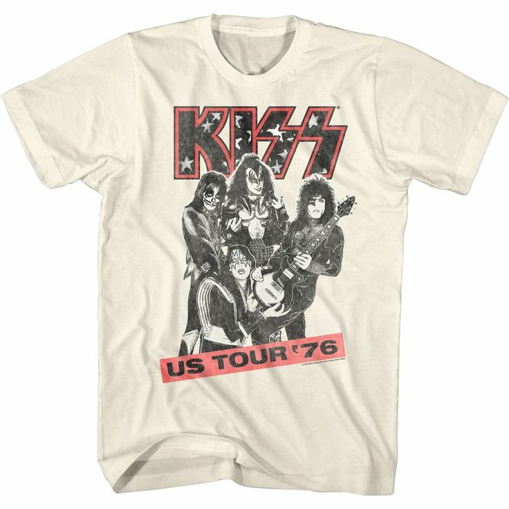 a white t - shirt with an image of the band kiss on it's front