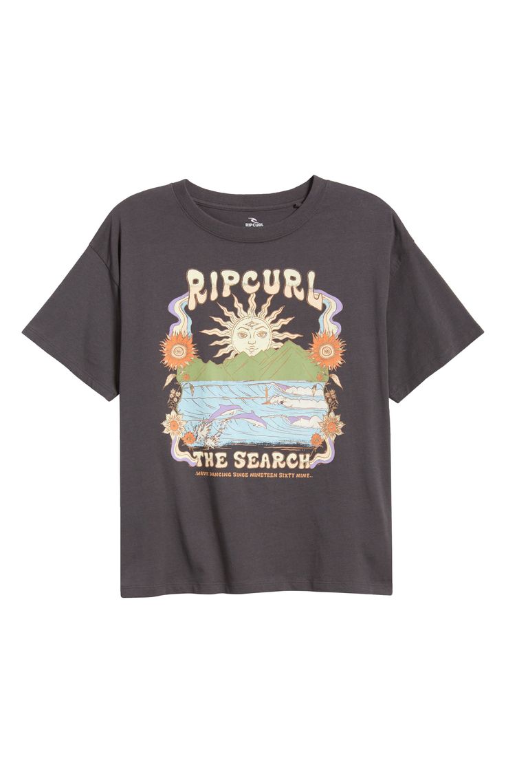 A retro beach graphic lends ultracool throwback vibes to this relaxed-fit T-shirt made from soft cotton jersey. Crewneck Short sleeves 100% cotton Machine wash, line dry Imported Beach Graphic Cotton Tops, Beach Cotton Tops With Graphic Design, Casual Beach Tops With Graphic Design, Cotton Beach Tops With Graphic Design, Summer Band Merch Printed T-shirt, Beach Graphic Tee With Graphic Design, Beach Crew Neck T-shirt With Graphic Design, Printed Band Merch T-shirt, Relaxed Fit, Printed Band Merch T-shirt In Relaxed Fit