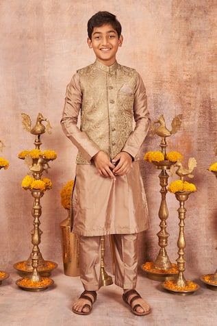 Brown silk bundi jacket with floral embroidery. Comes with pyjama and a kurta. - Aza Fashions Boys Kurta, Brown Silk, Embroidered Jacket, Kurta Set, Green Silk, Aza Fashion, Full Sleeve, Silk Printing, Pure Silk