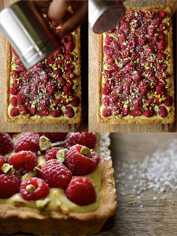 raspberry and pistachio tart being made