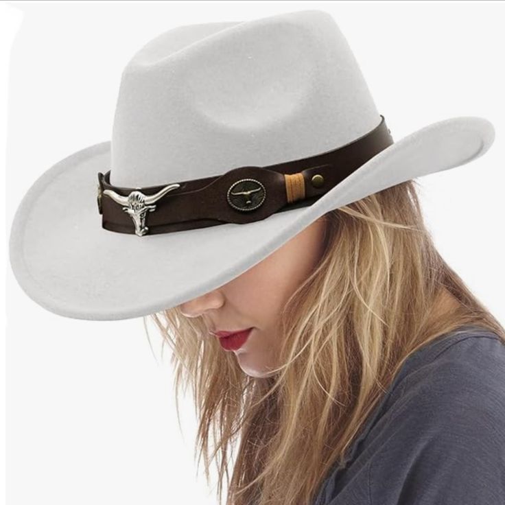 Cowgirl Western Hat With Faux Leather Wide Belt And Silver Bull Head Horns Embellishment * Color: White * 65% Cotton, 35% Polyester * Breathable Fabric * Inner Sweatband * Adjustable Ribbon * Hat Circumference 56-58cm/22-22.8" * Brim Width 7cm/2.75" * Height 11cm/4.3" Adjustable White Hat Band For Fall, White Fall Hat, One Size Fits Most, White Felt Hat With Flat Brim For Winter, White Fedora For Winter Rodeo, White Fedora Hat For Winter, White Winter Fedora For Rodeo, White Fedora For Rodeo In Winter, White Flat Brim Felt Hat For Winter, White Fedora For Winter