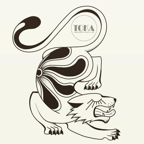 a black and white drawing of a lion with the word toka on it's chest