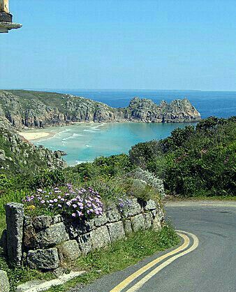 an empty road near the ocean with flowers growing out of it's cracks in the wall