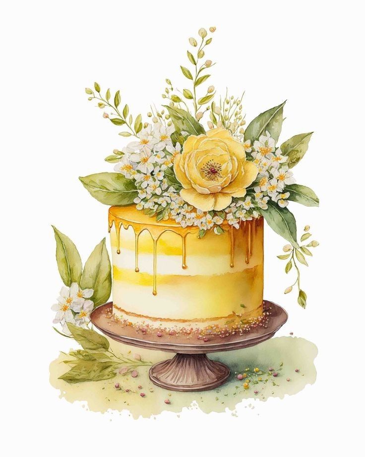 a watercolor painting of a cake with flowers and leaves on the top, sitting on a plate