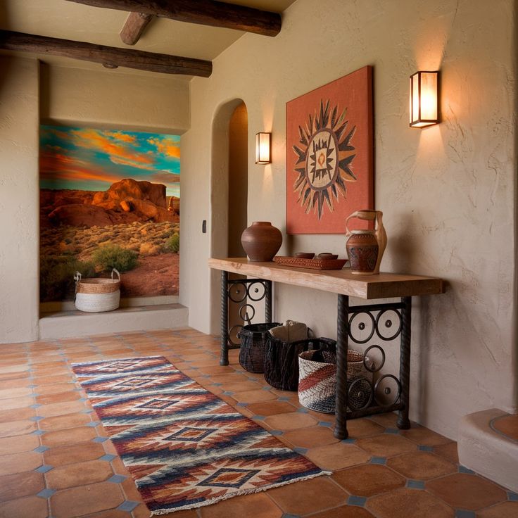 an entry way with a painting on the wall and two vases sitting on a table