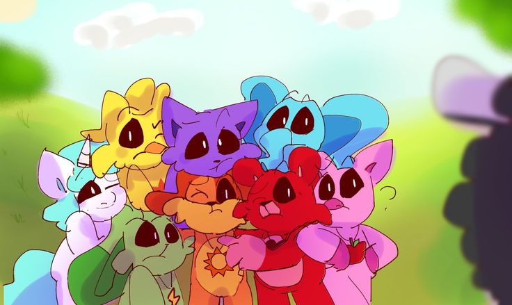 a group of cartoon cats standing next to each other in front of a green field