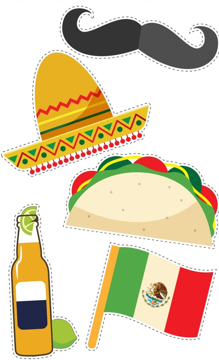 the mexican food and drink cut outs are shown in three different colors, one with a mustache