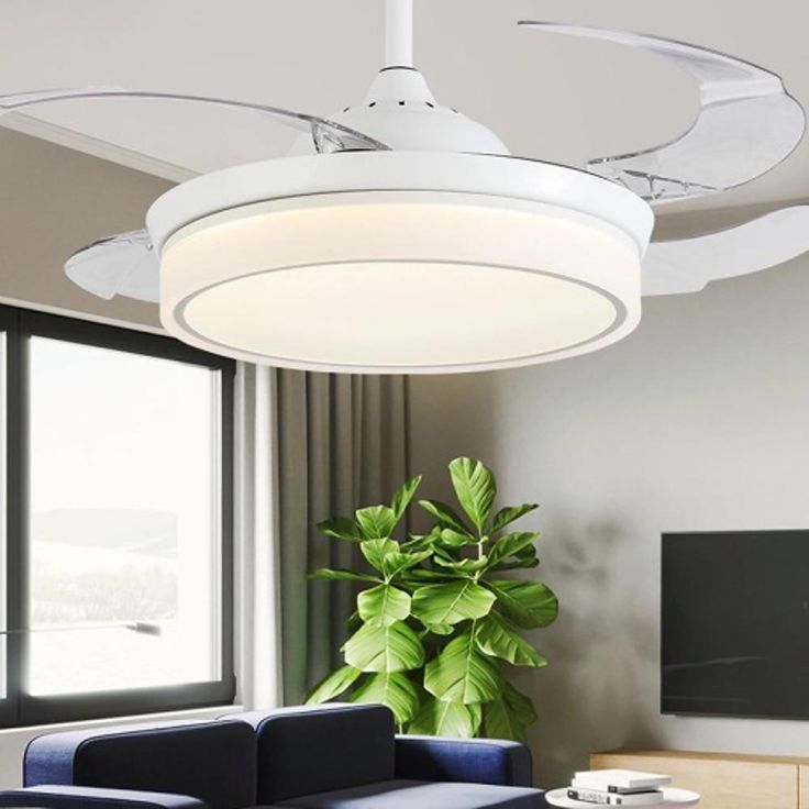 "19''  LED Ambient Light Modern Nature Chandelier Ceiling Fan With 4 Transparent Blades" Chandelier With Fan, Retractable Ceiling Fan, Minimalist Design Style, Ceiling Fan Bedroom, Contemporary Ceiling Fans, Bedroom Dimensions, 1 Number, Light Style, Led Ceiling Fan