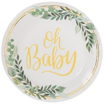 a paper plate with the words oh baby painted on it in gold and green leaves