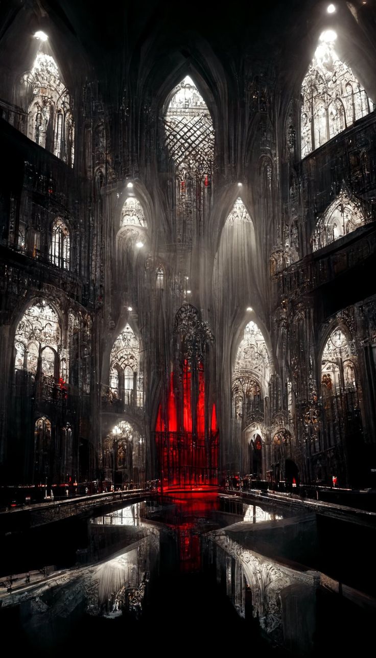 the interior of a gothic cathedral lit up with bright lights and red light from windows