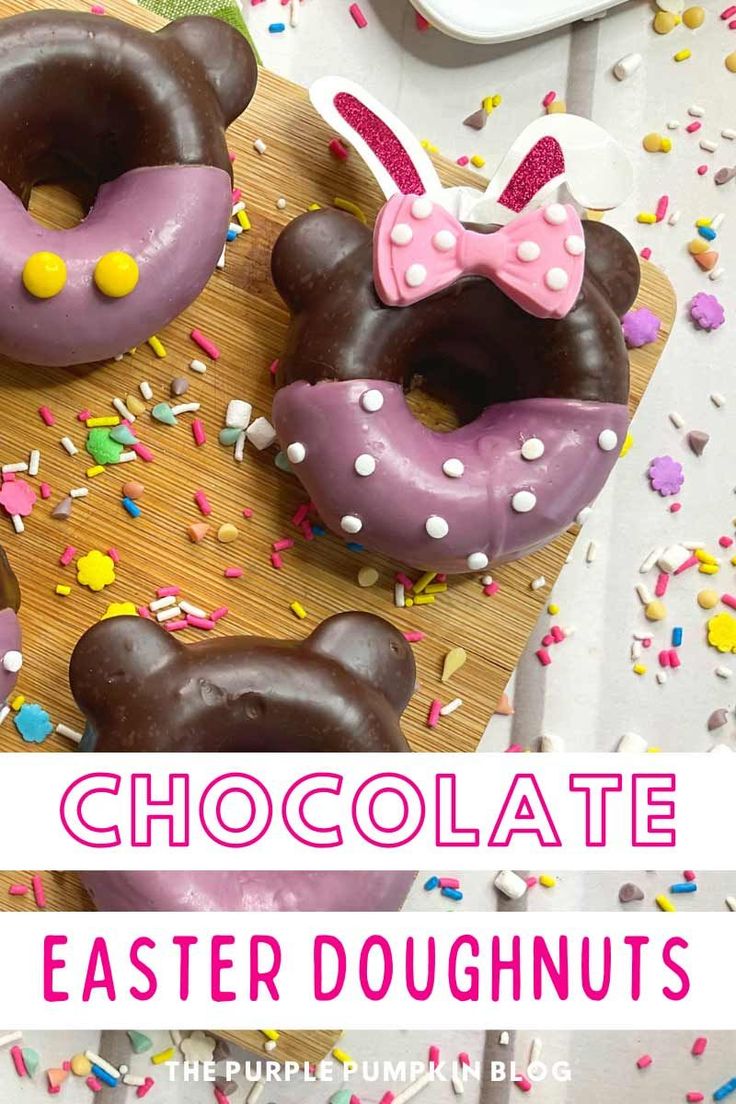 chocolate easter doughnuts on a cutting board with sprinkles