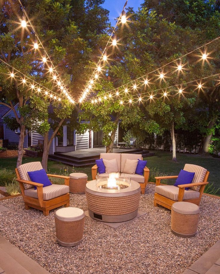 an outdoor fire pit surrounded by chairs and tables