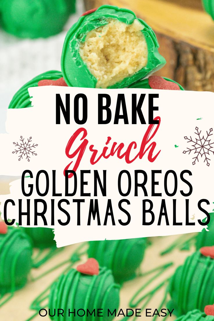 no bake grin golden oreos christmas balls with green frosting and red sprinkles