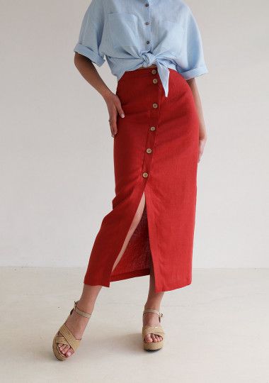 Button Front Linen Skirt Cybile Linen Skirt Outfit, Dress With Kimono, Linen Wrap Skirt, Linen Sleeveless Top, Linen Wrap Dress, Linen Tunic Dress, Calf Length Skirts, Cropped Linen Pants, Calf Length Dress