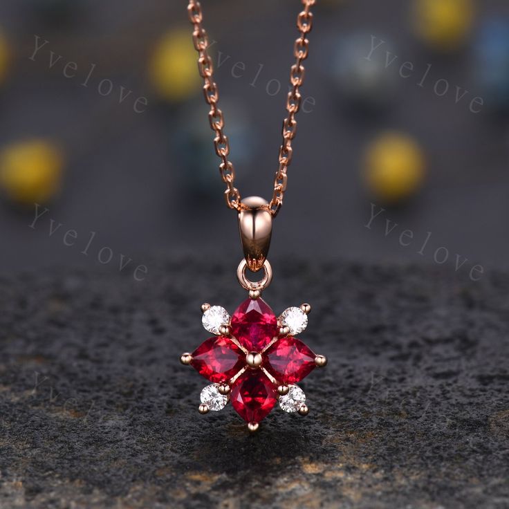 Vintage Natural Red Ruby Diamond Necklace,Pink Gems Pendant Floral Diamond Jewelry Delicate Dainty Necklace Gift For Women,14k Rose Gold,cluster stones,Flower Petals with four real diamonds,with the adjustable chain ,January Birthstone Gift Chain: 16 Inches. The chain can be adjustable to 18 Inches. ITEM SPECIFICATIONS:  Material:14k/18K rose gold/white gold/yellow gold Gemstone:with 0.89 ct 9x9mm art deco natural red ruby and 0.13ct natural diamonds Setting:prongs and pave Our Service: All sizes available,please feel free to contact me if you need another sizes. Payment Plan:We offer payment plan,you can pay weekly or monthly,we will keep your rings as long as 100 days.The item will be started to make once the first payment is received.For any reason the payment is not paid in full,the sh Red Gem Pendant, Ruby Necklaces For Wedding On Valentine's Day, Red Flower Pendant Jewelry For Valentine's Day, Elegant Rose Red Necklace For Valentine's Day, Fine Jewelry Red Necklace For Valentine's Day, Red Flower Pendant Necklace For Wedding, Rose Red Flower-shaped Jewelry For Valentine's Day, Rose Red Flower Shaped Jewelry For Valentine's Day, Red Flower Shaped Jewelry For Formal Occasions