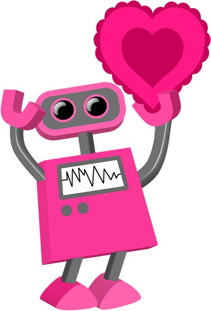 a pink robot holding a heart shaped object