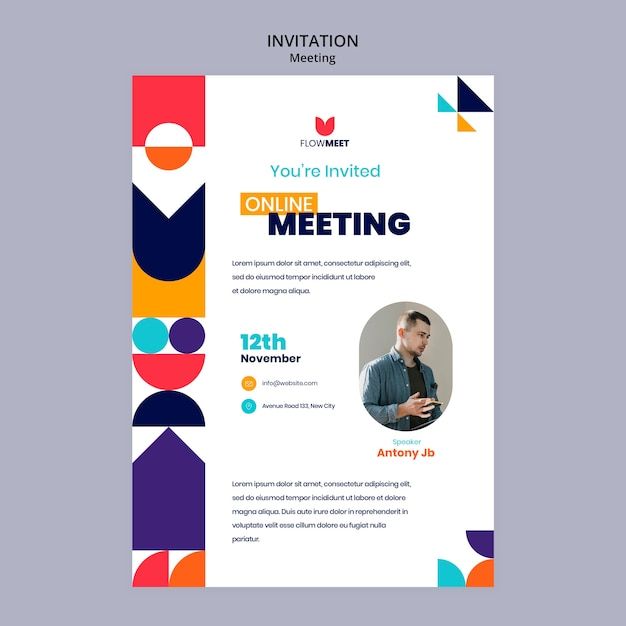 a flyer for an online meeting with colorful shapes and circles on the front, featuring a man