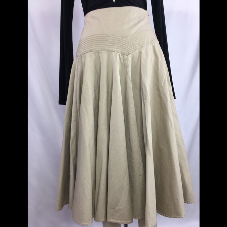 Preowned Unworn. Khaki Color Cotton Skirt. Has Stretch. Cinched Waist Flare Skirt. Fitted Pleated Skirt For Spring Daywear, Fitted Beige Maxi Skirt For Daywear, Fitted Flared Skirt For Daytime, Fitted Flared Skirt For Daywear, Beige A-line Fitted Maxi Skirt, Fitted Full Beige Pleated Skirt, Fitted Cotton Pleated Skirt For Daywear, Fitted Pleated Beige Maxi Skirt, Fitted Full Pleated Skirt For Daywear