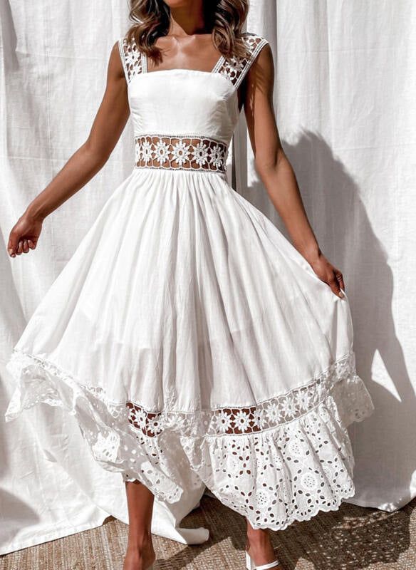 Fashion Lace Sleeveless Stitching Large Swing Long Dress 파티 드레스, Elegant Maxi Dress, Sleeveless Long Dress, Lace Maxi Dress, Lace White Dress, Sleeveless Maxi Dress, White Maxi Dresses, Types Of Dresses, Long Maxi Dress