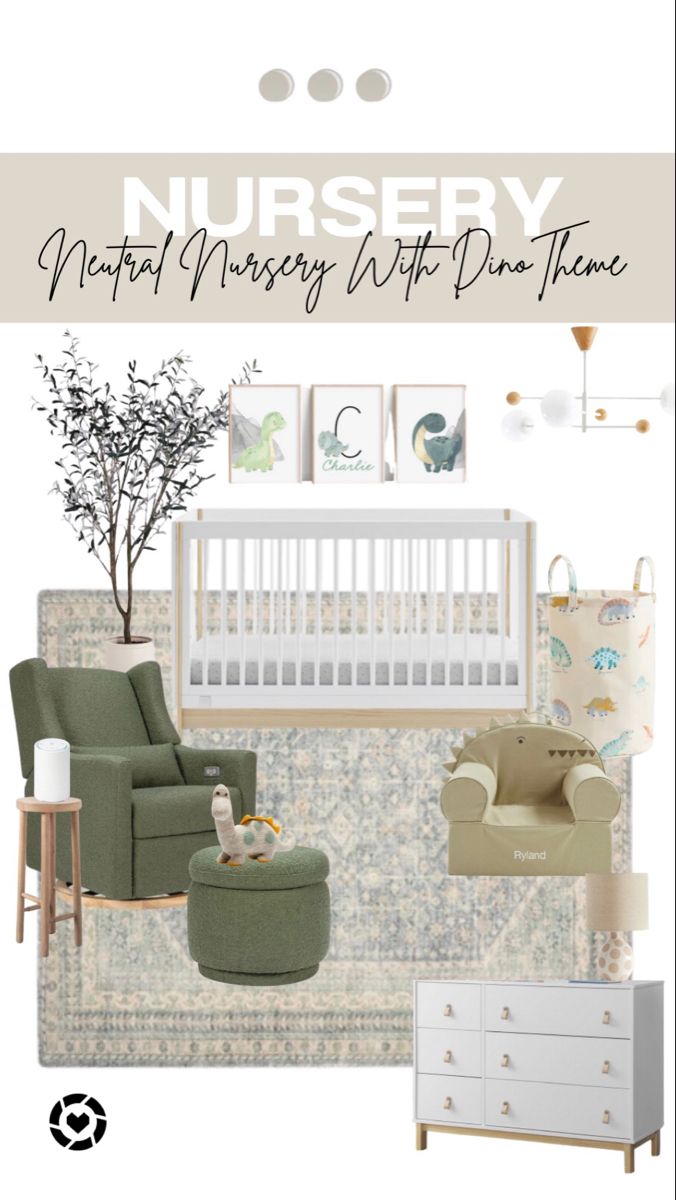 a baby's nursery with furniture and decor in shades of green, beige, and white