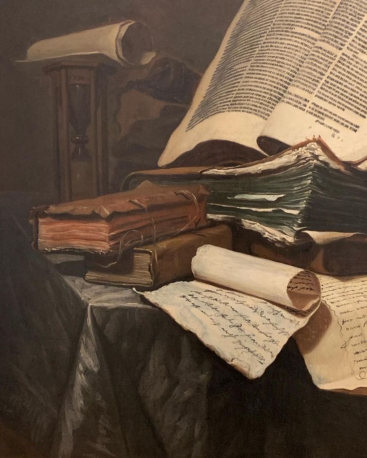 an oil painting of books and papers on a table