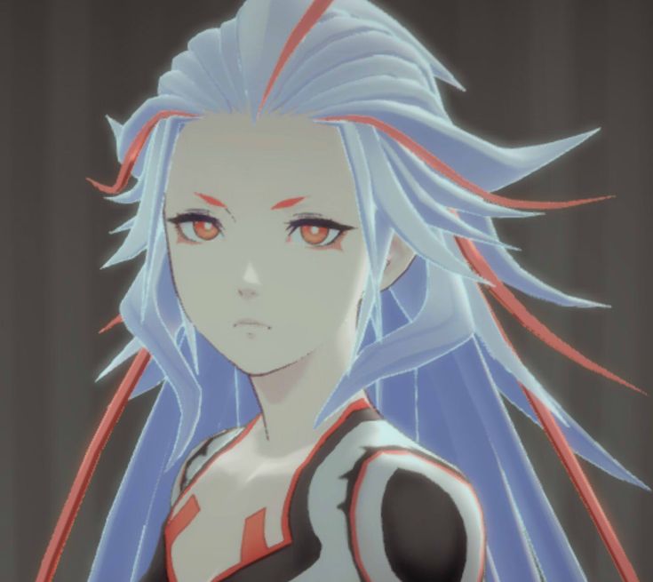 an anime character with blue hair and red eyes