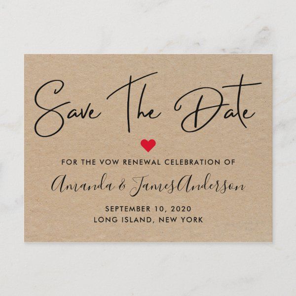 save the date card with a red heart on it in black ink and brown paper