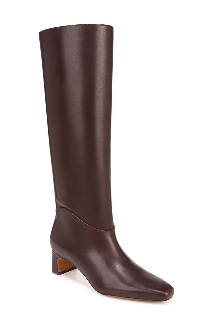 A slender square toe and block heel balance a rich leather boot shaped in a knee-high silhouette for timeless appeal. 2" heel (size 8R) 15" shaft; 14 1/2" regular calf circumference 15" shaft; 16 1/2" wide calf circumference Pull-on style Leather upper, lining and sole Imported Fitted Calf Leather Knee-high Boots With Block Heel, Classic Wide Calf Knee-high Boots With Block Heel, Classic Calf Leather Knee-high Boots With Square Toe, Classic Wide Calf Knee-high Boots With Square Toe, Classic Knee-high Boots With Block Heel, Classic Knee-high Boots With Wide Calf And Block Heel, Square Toe Knee-high Boots With Leather Lining For Work, Classic Knee-high Square Toe Boots With Wide Calf, Classic Knee-high Boots With Wide Calf And Square Toe