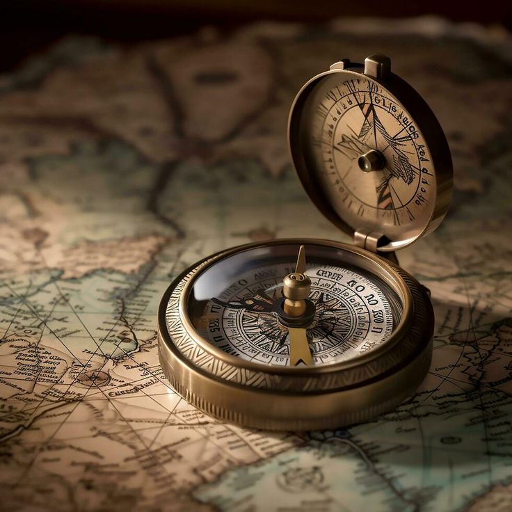 an old compass is sitting on top of a map