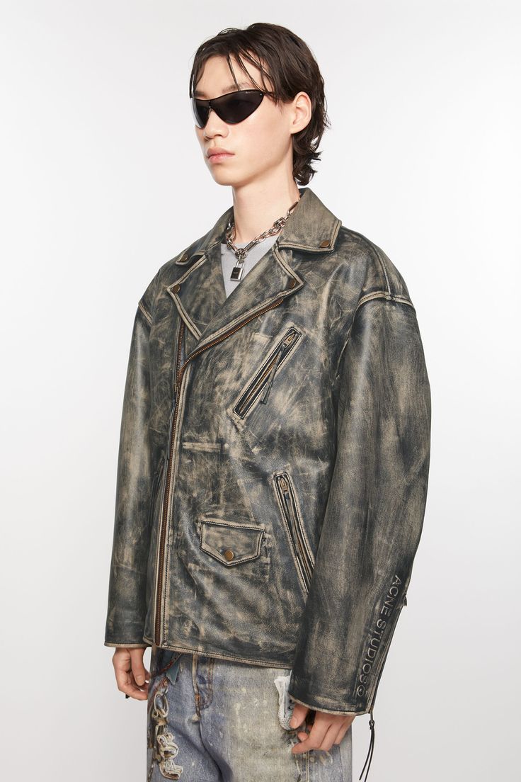 Distressed Leather Outerwear For Streetwear, Leather Jacket With Zip Cuffs For Streetwear, Luxury Leather Biker Jacket, Casual Distressed Leather Biker Jacket, Rugged Distressed Leather Jacket For Streetwear, Rugged Biker Jacket For Fall Streetwear, Streetwear Long Sleeve Leather Jacket With Zip Cuffs, Rugged Long Sleeve Biker Jacket For Streetwear, Trademark Logo