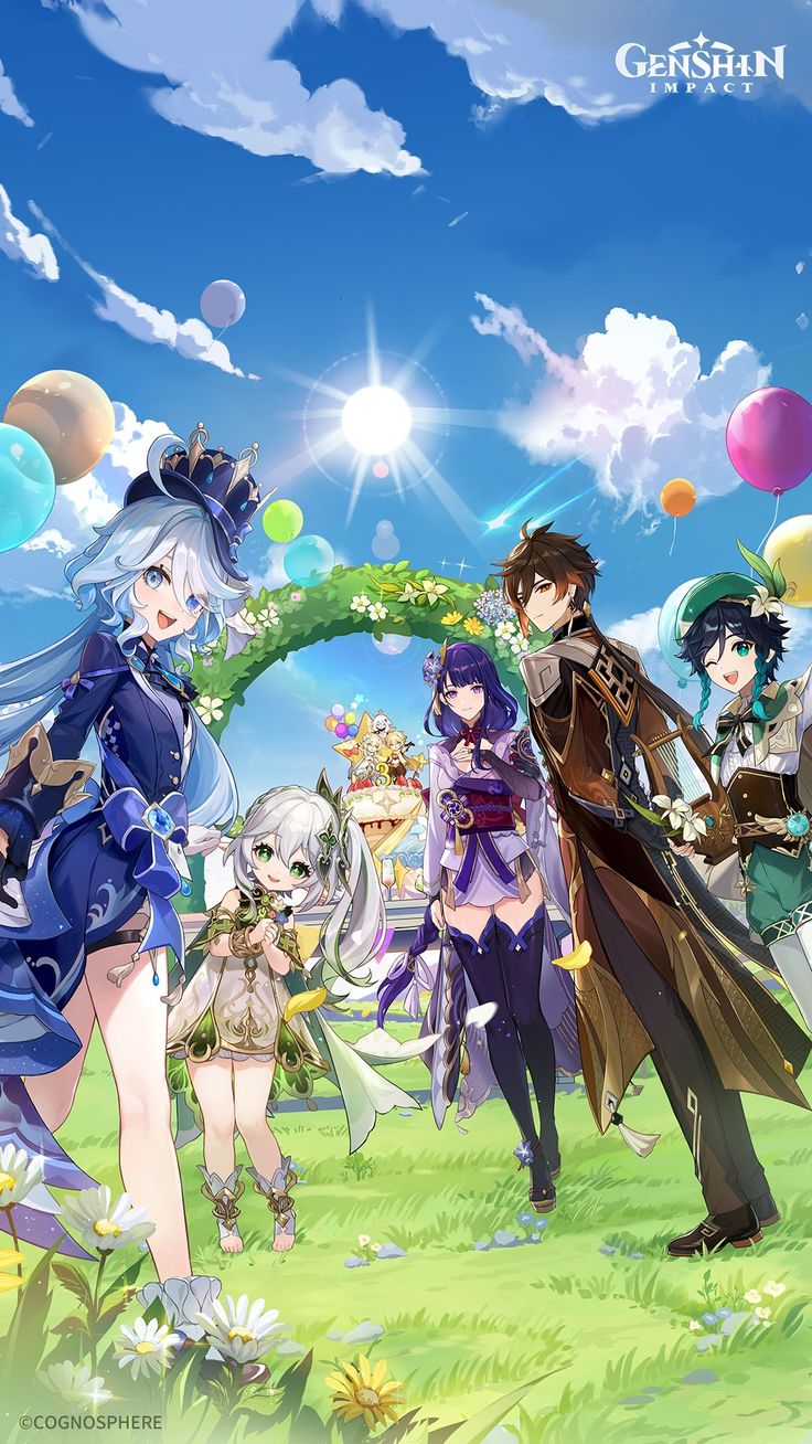 some anime characters standing in the grass with balloons and clouds behind them, all looking at something