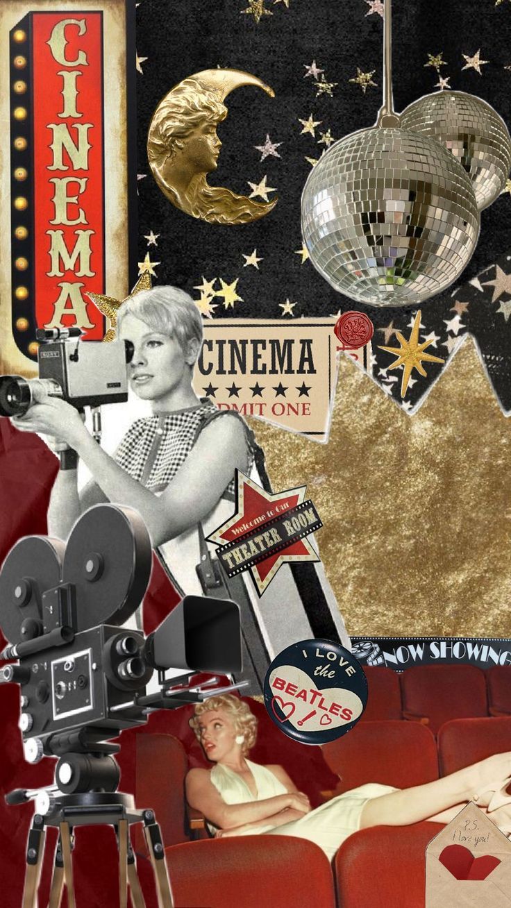 cinema collage core Theatre Collage Aesthetic, Old Movie Star Aesthetic, Cinema Camera Aesthetic, Movie Vision Board, Movie Theater Photo Shoot, Retro Cinema Aesthetic, Vintage Movie Theater Aesthetic, Hollywood Aesthetic Wallpaper, Movie Camera Aesthetic