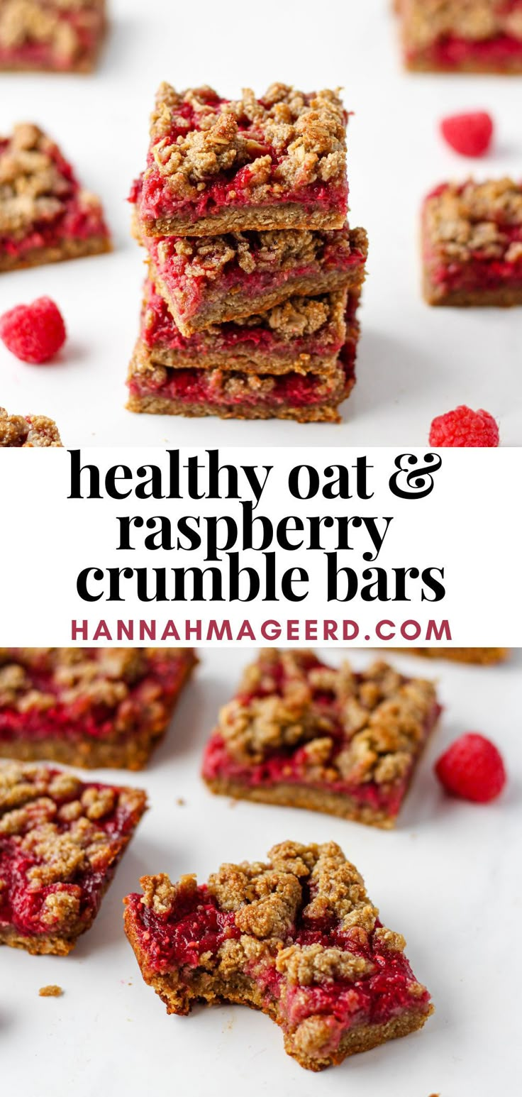 raspberry crumble bars stacked on top of each other with the words healthy oat and raspberry crumble bars