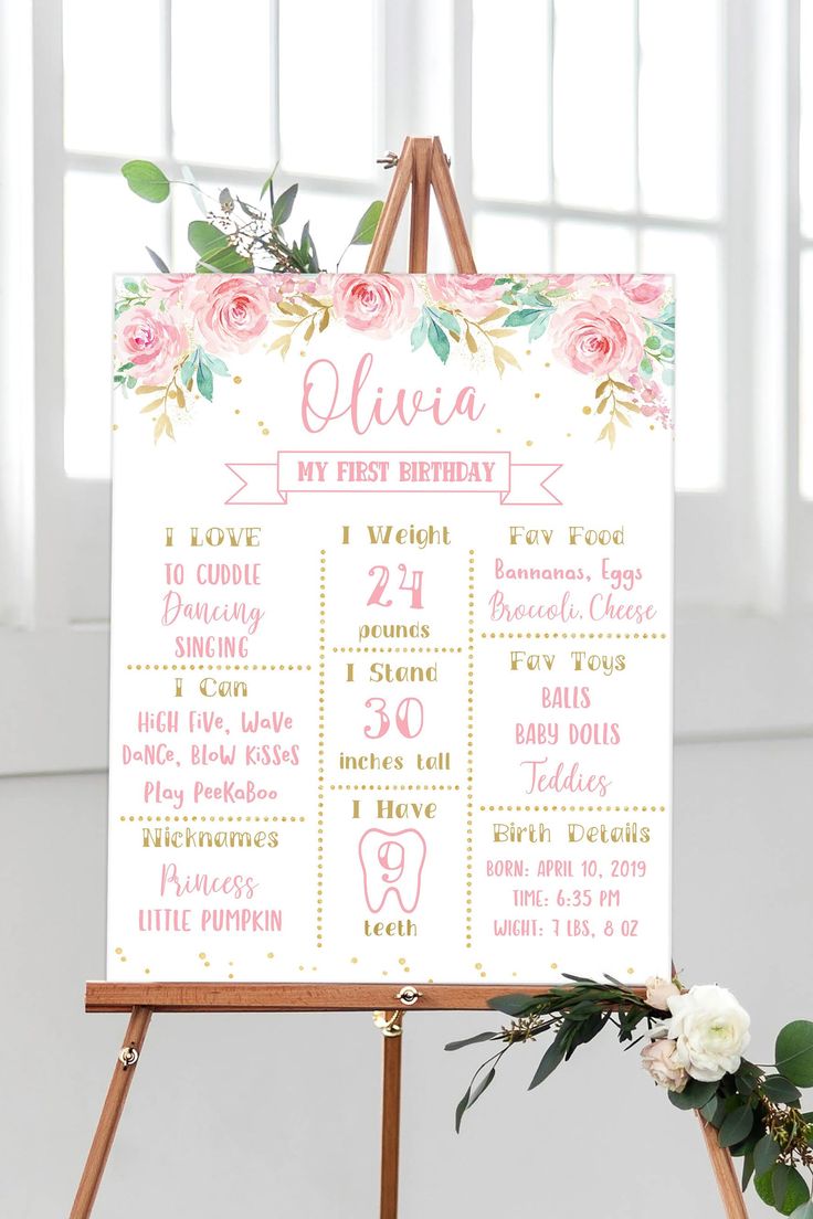 a pink and gold floral first birthday sign on an easel with flowers in the background