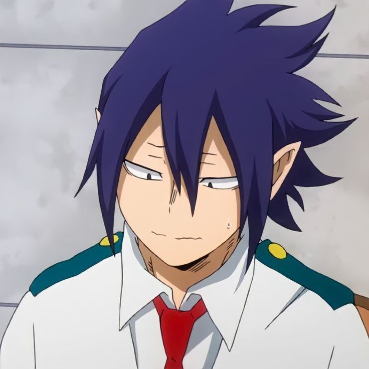 an anime character with blue hair wearing a red tie and looking at the camera while standing in front of a wall