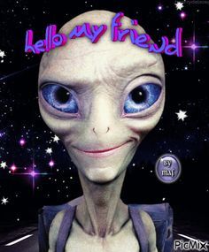 an alien with big blue eyes is featured in the cover of this magazine, which features images of aliens and stars