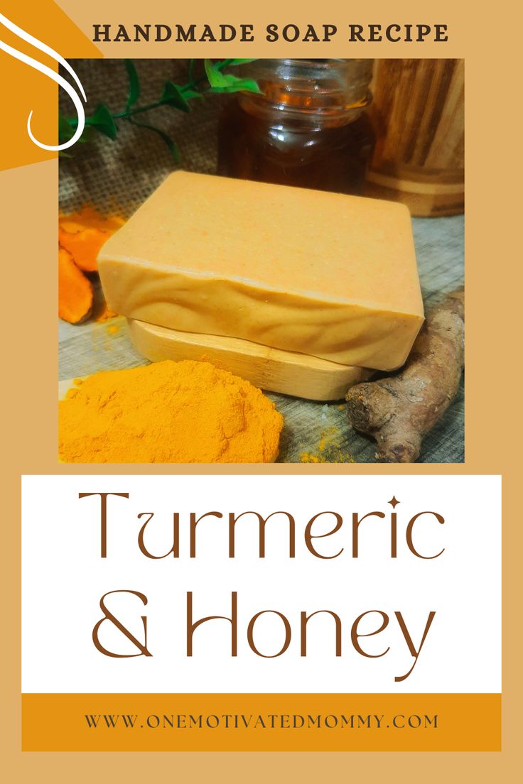 a soap bar with tumericic and honey on the front, surrounded by other ingredients