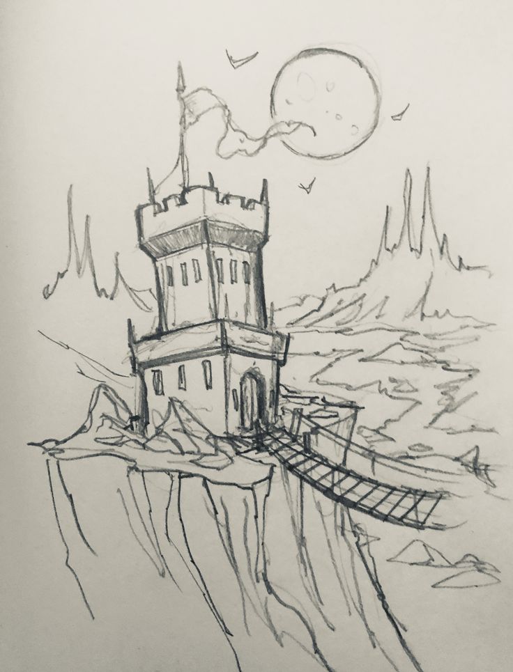 a drawing of a castle sitting on top of a cliff