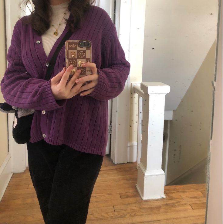 Purple Cardigan Aesthetic, Dark Purple Cardigan Outfit, Purple Sweater Outfit Aesthetic, Purple Cardigan Outfits Aesthetic, Dark Purple Jacket Outfit, Plum Purple Outfit, Purple Outfits Casual, Dark Purple Sweater Outfit, Dark Purple Outfit Aesthetic