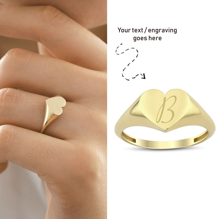 Give your loved one this stunning personalized 14k Gold Dome Heart Initial Ring, the perfect gift for anyone. This Ring features a clear heart shaped surface in the center of the design, which makes it great for engraving. One letter or number combination can be stamped on the ring if you want. Please note your personalization during checkout. ◖ P R O P E R T I E S ◗ * Material: 14k Yellow Gold, 14k White Gold ◖ D I O N J E W E L ◗ ‣ 14K REAL GOLD ‣ EXPRESS DELIVERY IN 1-3 DAYS* ‣ HANDMADE ONLY Gold Initial Ring For Valentine's Day, Heart Shaped Initial Ring For Gift, Heart Shaped Initial Ring Gift, Heart-shaped Initial Ring Gift, Customizable 14k Gold Heart Jewelry, Gold Heart-shaped Ring For Birthday, Personalized Initial Ring For Anniversary, Stamped 14k Jewelry For Valentine's Day Anniversary, 14k Stamped Jewelry For Anniversary On Valentine's Day