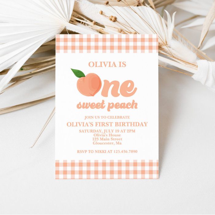 an orange and white gingham birthday party card with the words oliv is one sweet peach on it