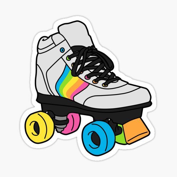 a skateboard with rainbow wheels and black laces on the bottom sticker is shown