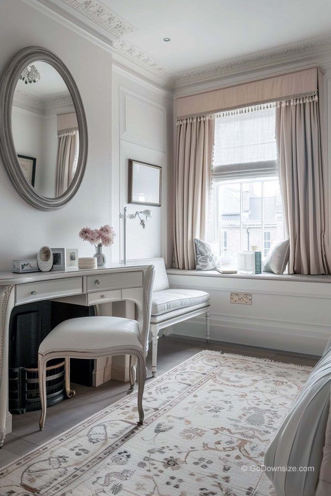 a bedroom with a bed, desk and mirror in the corner next to a window