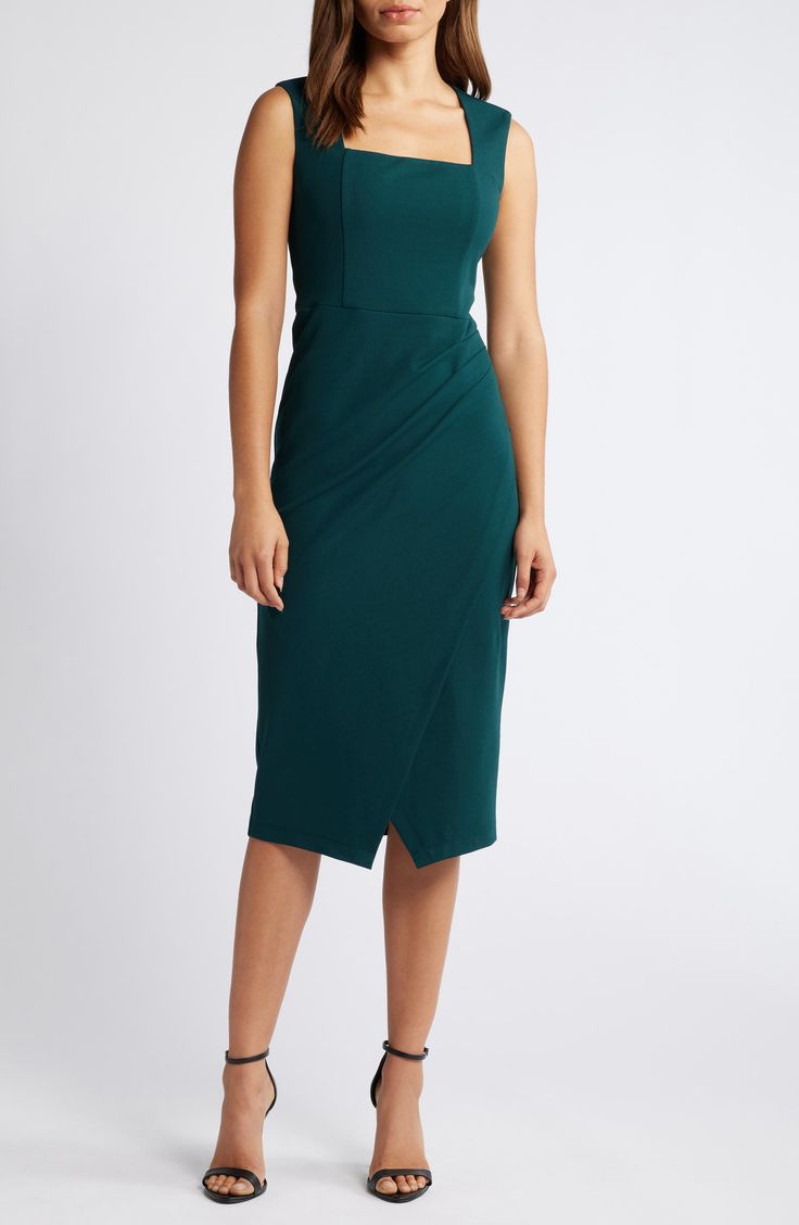 A timeless sleeveless sheath dress is made from stretch-enhanced crepe with shapely pleating at the waist and a look that comfortably takes you from the workplace to a dinner date. 47" length Back zip closure Square neck Sleeveless Lined 95% polyester, 5% elastane Dry clean Imported Green Midi Dress With Straight Neckline For Formal Occasions, Green Sleeveless Elastane Bodycon Dress, Ruched Midi Length Sleeveless Dress For Work, Ruched Sleeveless Midi Dress For Work, Elegant Green Elastane Bodycon Dress, Elegant Green Bodycon Dress With Straight Neckline, Green Midi-length Bodycon Dress, Green Sleeveless Elastane Dress, Knee-length Ruched Sleeveless Dress For Work