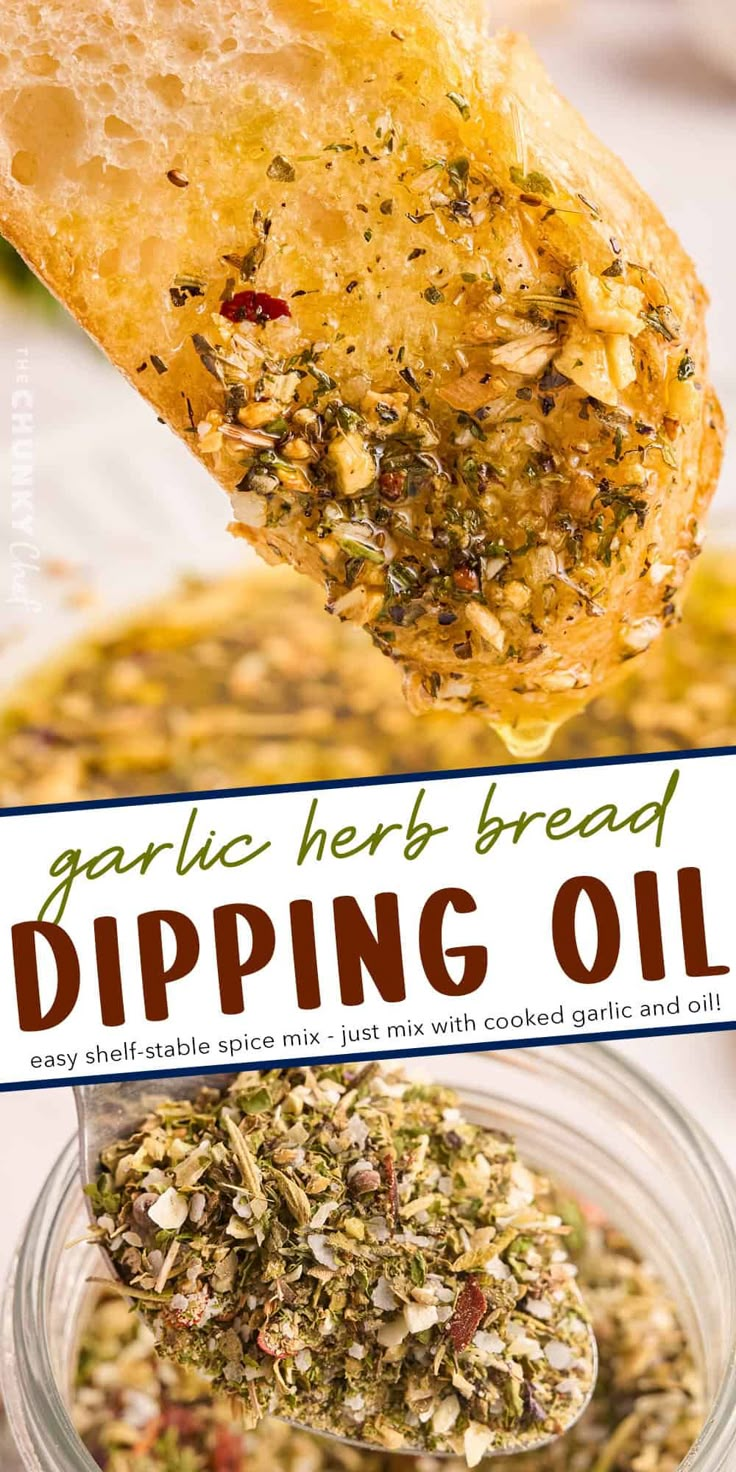 garlic herb bread dipping oil in a glass jar with the title overlay above it