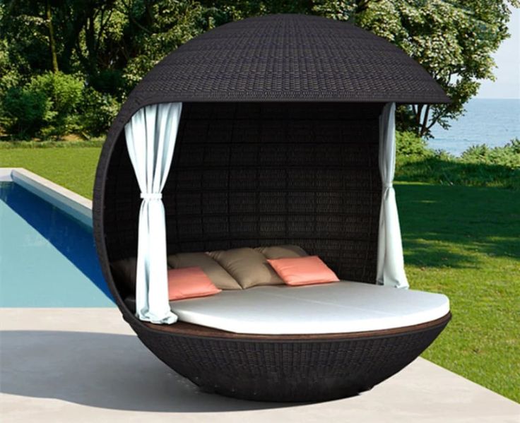 Ball Shaped Modern Endearing 0utdoor Daybed - Lixra Black Daybed, Daybed Canopy, Rattan Daybed, Round Beds, Outdoor Daybed, Daybed Sofa, Swimming Pools Backyard, Patio Sofa, Curtain Designs